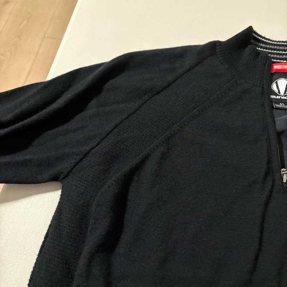 Sunice Windstopper Mens L 1/4 Zip Golf Sweater Black 100% Wool‎ Lined Pullover